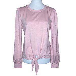 Skönhet Pink Pearl Embellished Puff Long Sleeve Tie-Front Top - Size Large